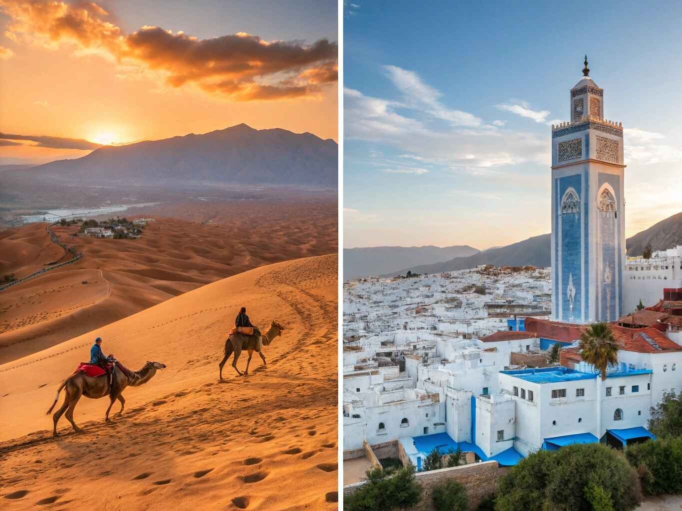 Two iconic places to visit in Morocco — camel trekking in the Sahara Desert at sunset and the blue-washed buildings of Chefchaouen at dawn.