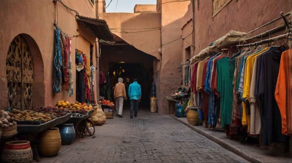 Vibrant market stalls in the souks of Marrakech showcasing Moroccan handicrafts, textiles, and spices
