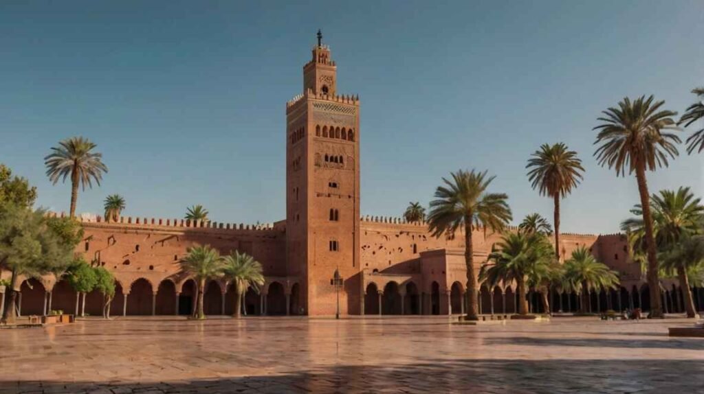 Koutoubia Mosque with the sun setting behind it, illuminating the Marrakech skyline