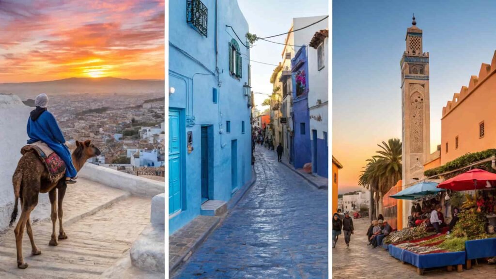 Collage of iconic Moroccan destinations from Fes Medina to the Sahara Desert