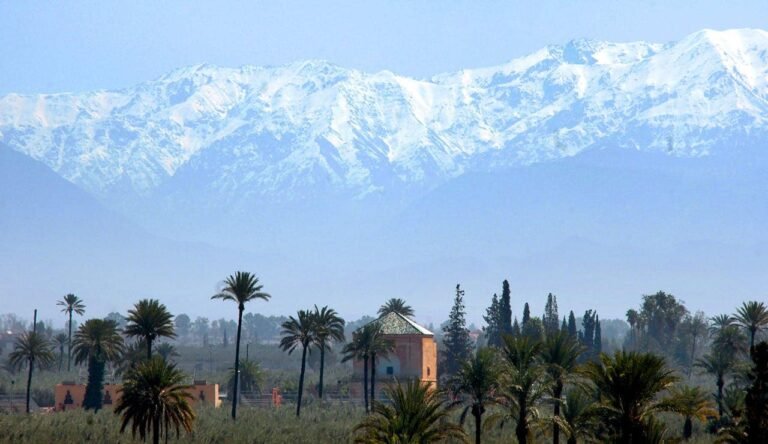 Panoramic view of the Atlas Mountains in Morocco with snow-covered peaks