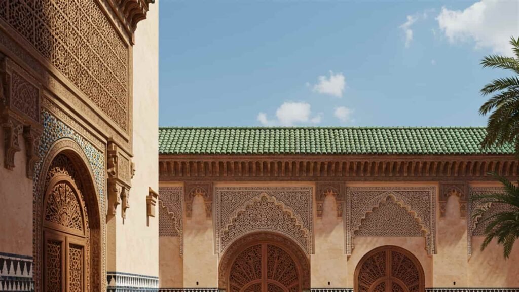 Close-up of zellige tilework and carved plaster in a Moroccan riad Moroccan architecture
