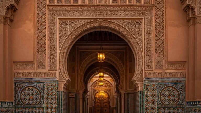View of traditional Moroccan architecture with arched doorways and zellige tiles at sunset