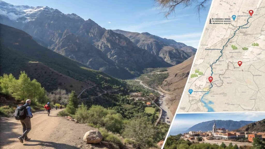 Map showing hiking destinations across Morocco with trails