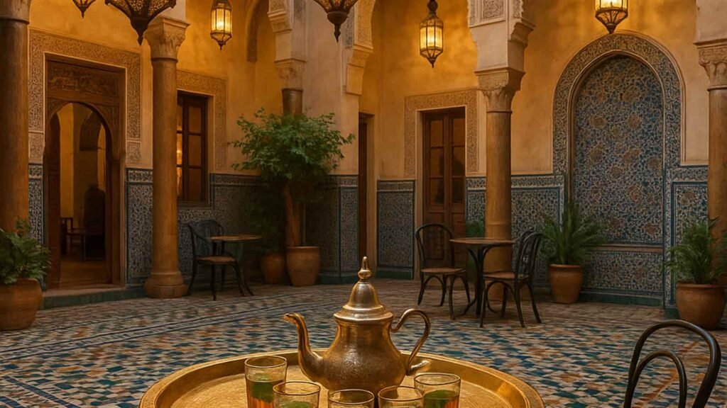 Moroccan architecture featuring a riad courtyard with mosaic tiles, mint tea, and cultural decor