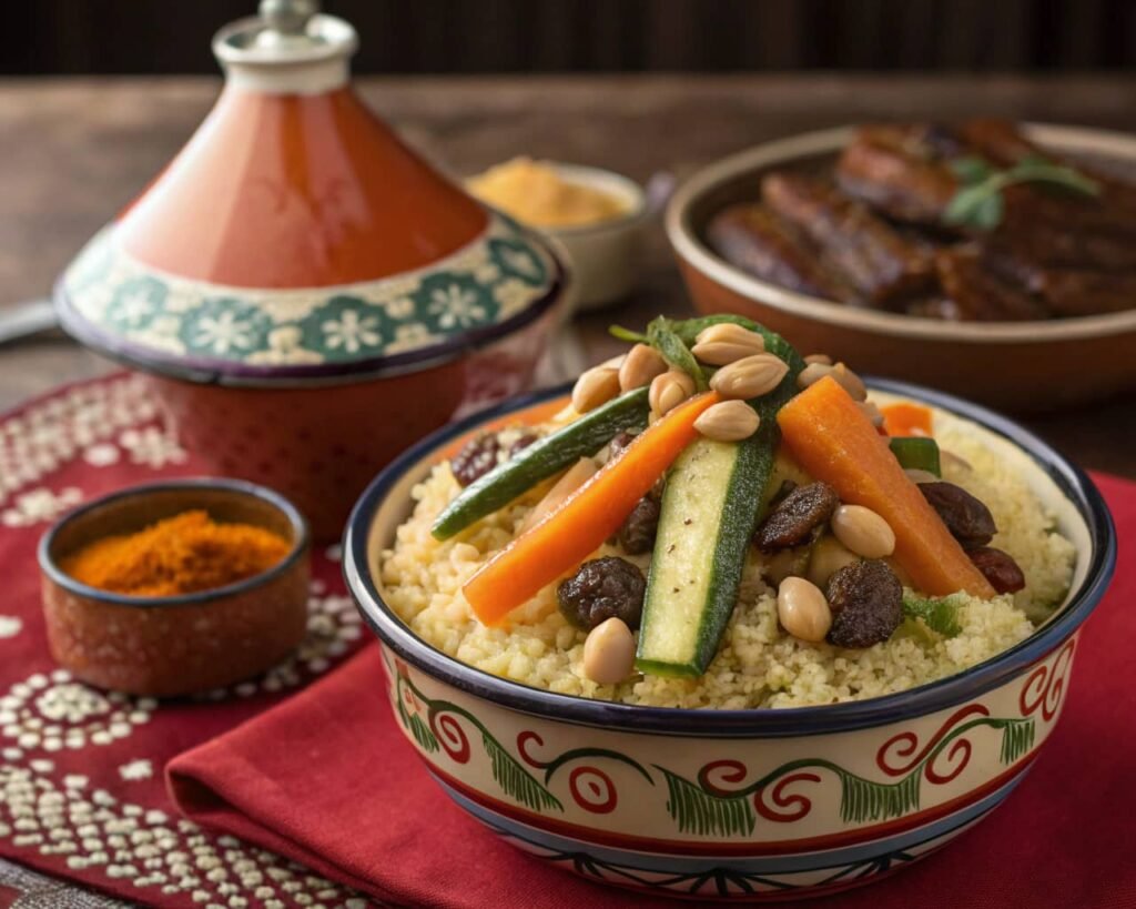 Moroccan cuisine seafood and tagine served in Agadir restaurant